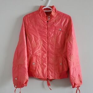 Oilily Quilted Emroidered Vibrant Coral  Spring Lightweight Jacket Sz 36 Or S